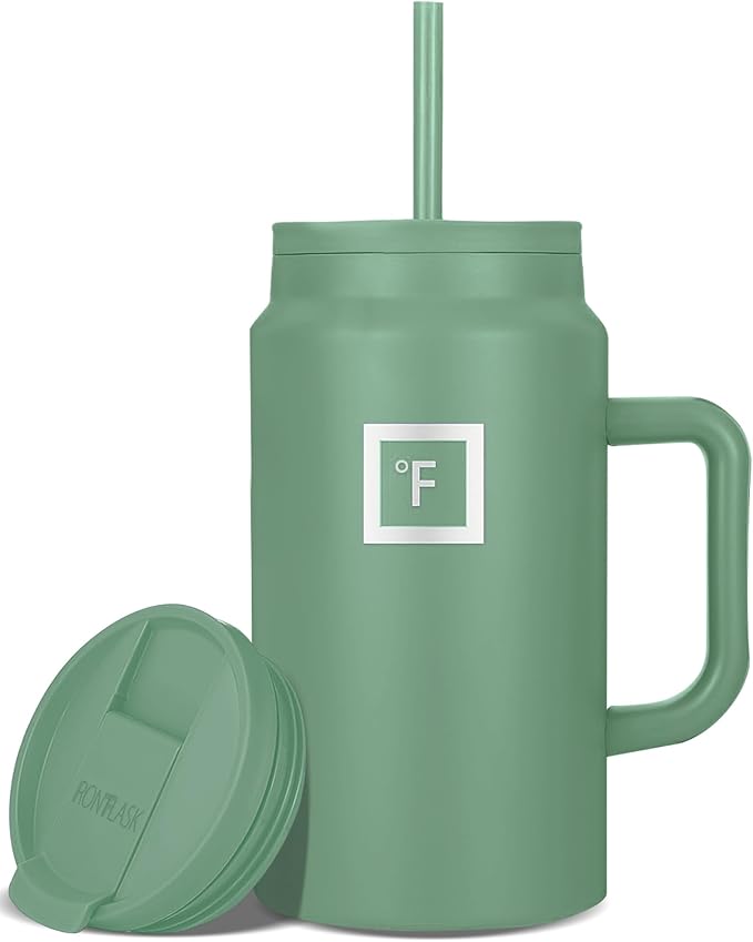 IRON °FLASK Co-Pilot Insulated Mug w/Straw & Flip Cap Lids - Cup Holder Bottle for Hot, Cold Drink - Leak-Proof - Water, Coffee Portable Travel Mug - Sage, 50 Oz