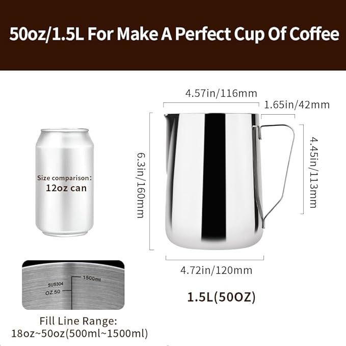 watchget Milk Frothing Pitcher 50oz/1500ml - Stainless Steel Espresso Steaming Pitcher for Cappuccino, Latte Art, Coffee Machine Accessories Milk Jug Frother Cup, Silver
