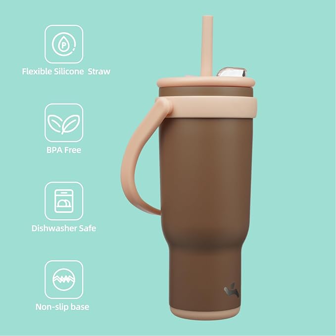 40 oz Tumbler with Side Handle, Insulated Water Bottle with Straw and 2 in 1 Lid, Stainless Steel Cup Travel Coffee Mug for Sports Office Gym,Brown