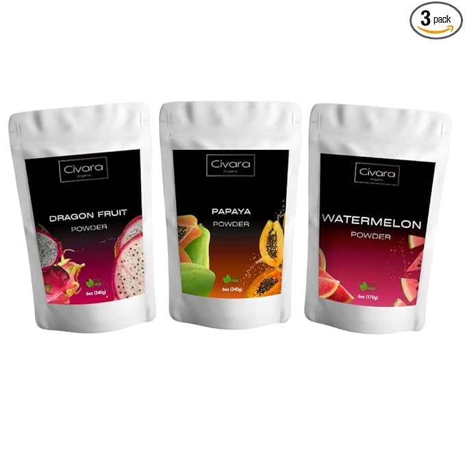 Civara Organic Fruit Powder Trio – 3-Pack (6oz Each) | 100% Natural, No Sugar, No Additives | USDA Organic, Vegan, Gluten-Free | Perfect for Smoothies, Drinks & Baking – Choose Your Flavors (13. Dragon Fruit + Papaya + Watermelon)