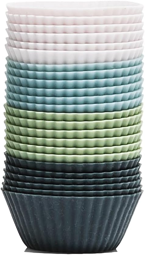 The Silicone Kitchen Reusable Mini Silicone Baking Cup, Non-Toxic, BPA Free, Dishwasher Safe, Mini, 24 Pack, White Blue Green