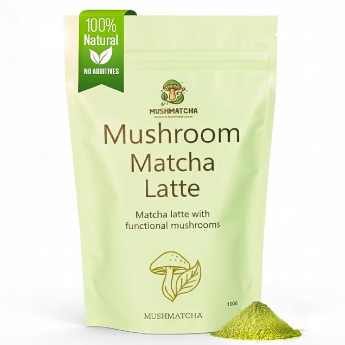 Mushmatcha Mushroom Matcha Latte Powder - Ceremonial Grade Organic Matcha Green Tea with Adaptogenic Mushrooms - Vegan Superfood Drink for Focus & Natural Energy - No Additives, 100% Natural - 100g
