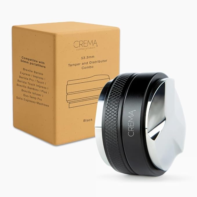 Crema Coffee Products 53.3mm Hand Tamper & Coffee Distributor | Compatible Compatible with Breville Portafilters| Double-Sided, Adjustable Depth Tool | Made with Durable 304 Stainless Steel | Black