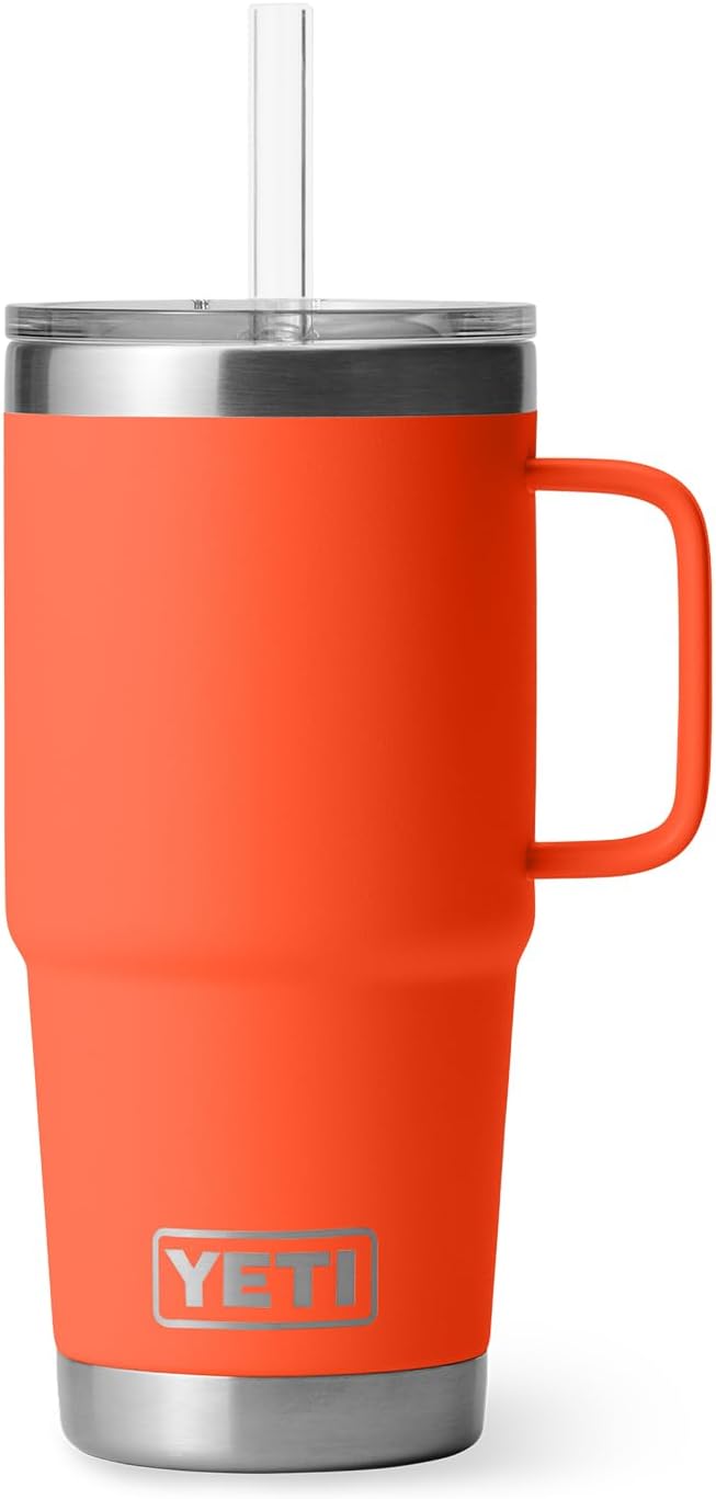 YETI Rambler 25 oz Tumbler with Handle and Straw Lid, Travel Mug Water Tumbler, Vacuum Insulated Cup with Handle, Stainless Steel, Papaya