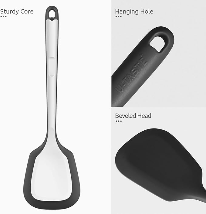 600ºF Heat Resistant Silicone Turner: U-Taste 13.6in Solid Kitchen Spatula Flipper, Food Grade Flexible & Thin Rubber Seamless Cooking Utensil for Flipping Egg, Pancake in Nonstick Cookware (Black)