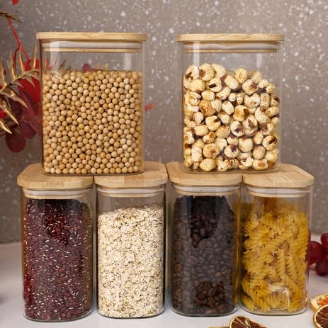 Glass Storage Jars with Airtight Bamboo Lids - Stackable Kitchen Canisters for Candy, Cookies, Rice, Sugar, Flour, Pasta