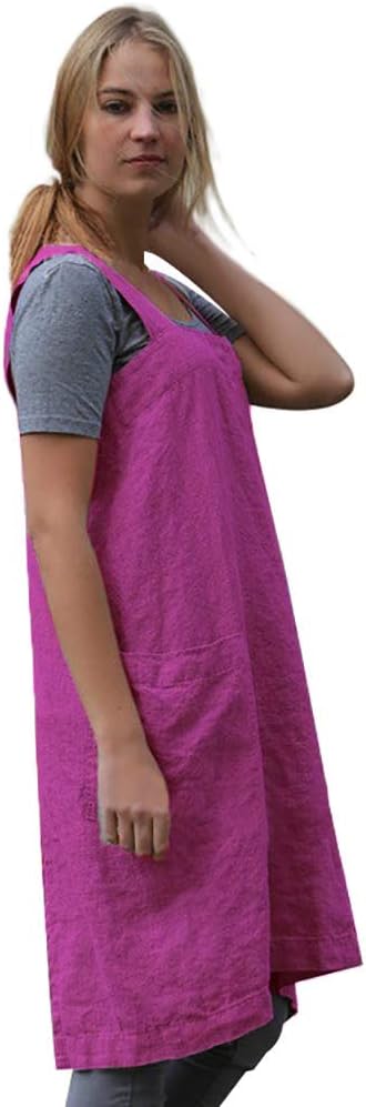 Women's Pinafore Square Apron Baking Cooking Gardening Works Cross Back Cotton/Linen Blend Dress with 2 Pockets
