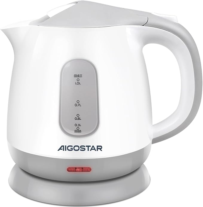 Aigostar Small Electric Kettle, 1L Portable Electric Tea Kettle 1100W with Automatic Shut-Off and Boil Dry Protection, Travel Hot Water Boiler Cordless for Making Coffee and Tea, BPA-Free, Grey