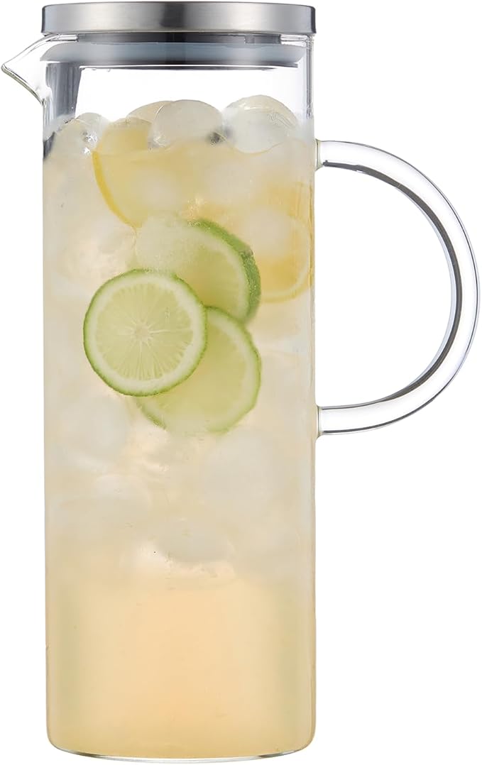 Karafu Pitcher, Glass Pitcher with Handle and Lid, 50 Oz Handmade Water Jug for Hot/Cold Water, Ice Lemon Tea and Juice Beverage
