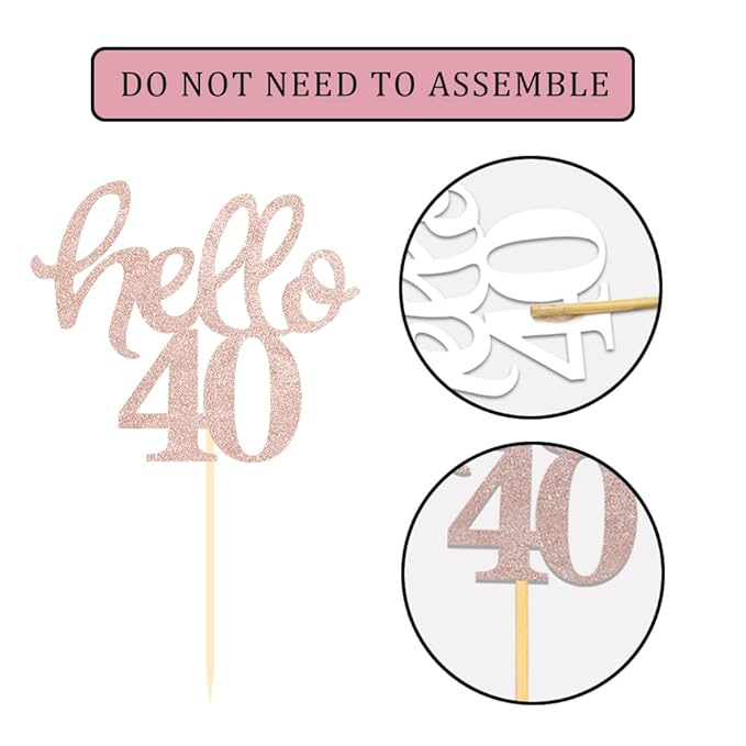 Rose Gold Glitter 40th Birthday Cupcake Toppers 40th Birthday Celebrating Party Decorations - Set of 24