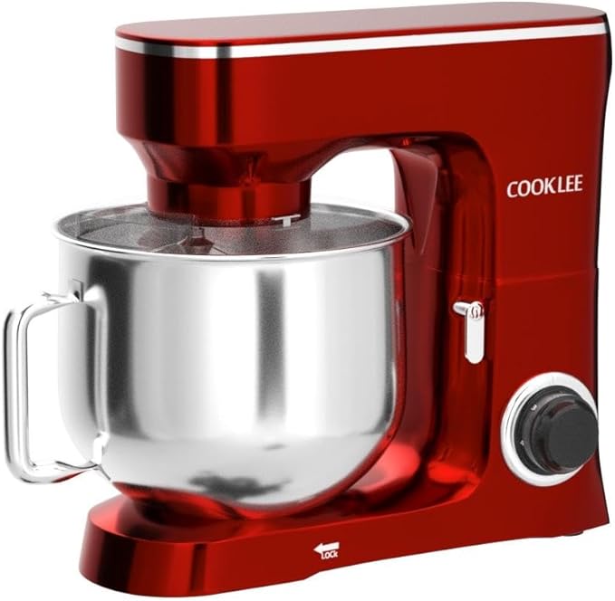 COOKLEE Stand Mixer, 9.5 Qt. 660W 10-Speed Electric Kitchen Mixer with Dishwasher-Safe Dough Hooks, Flat Beaters, Wire Whip & Pouring Shield Attachments for Most Home Cooks, Ruby Red