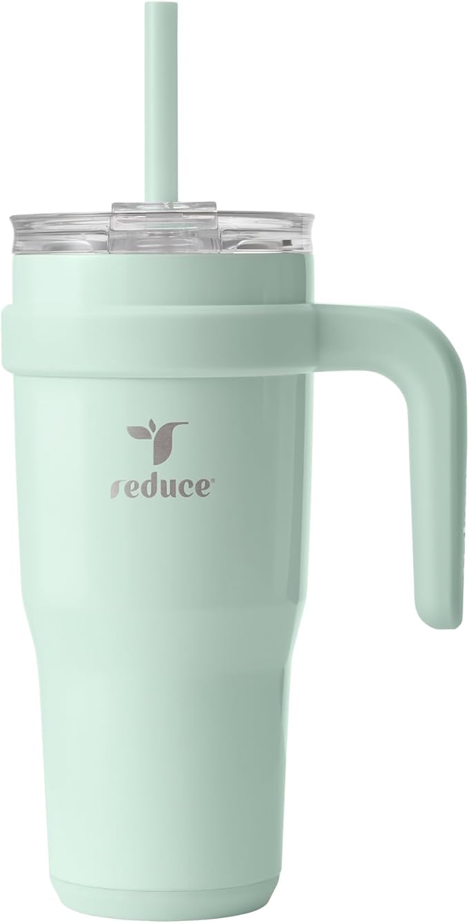 REDUCE 24 oz Stainless Steel Tumbler with Handle - Dual-Wall Vacuum Insulated Travel Mug, Sweat-Proof Lid & Reusable Straw - Keeps Drinks Cold for 24 Hrs, Fits Cupholders, Dishwasher Safe - Sea Glass