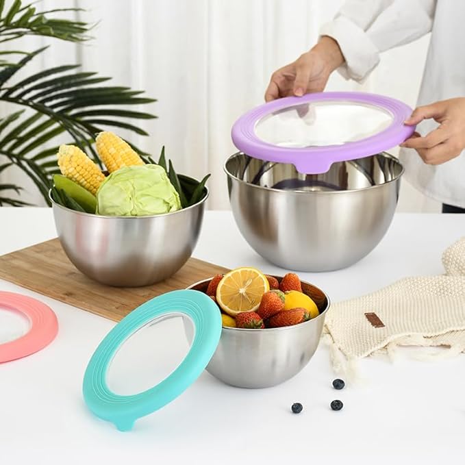 Mixing Bowl Set with Lids 3 Pieces Stainless Steel Mixing Bowl Nesting Metal Bowl Set for Cooking Baking Prepping & Food Storage Dishwasher Safe