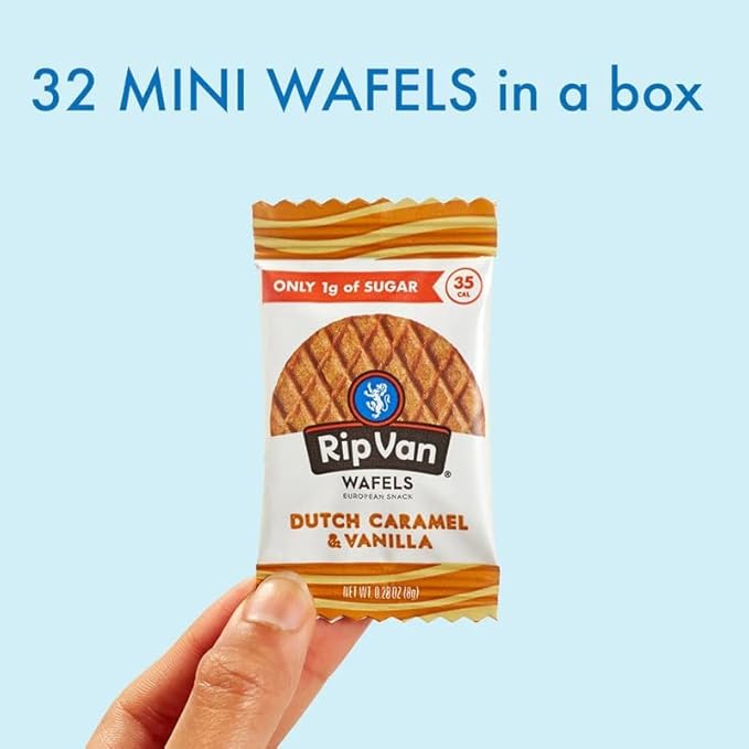 Rip Van Wafels Dutch Caramel Mini Stroopwafels, Low Carb Snacks, Non GMO Snack, Keto Friendly, Office Snacks, Low Calorie Snack, Low Sugar, 32 Pack