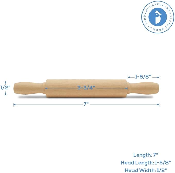 Wooden Mini Rolling Pin, 7 Inches Long, Pack of 12, Perfect for Fondant, Pasta, Baking in the Kitchen, Play-doh, Crafting and Imaginative Play, by Woodpeckers