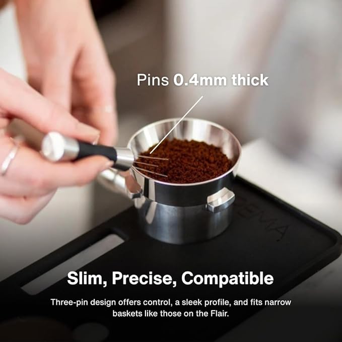Crema Coffee Products Weiss Distribution Technique (WDT) Tool | Even Coffee Ground Distribution for Better Extraction | Stainless Steel with Silicone Grip | Includes 6 Pins & Storage Vault | White