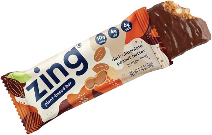 Zing Dark Chocolate Peanut Butter Vegan Protein Bars, Gluten Free with High Protein, High Fiber, Dairy Free Nutrition Bars, Plant Based Protein, Kosher, Low Sugar, No Sugar Alcohols - 12 count