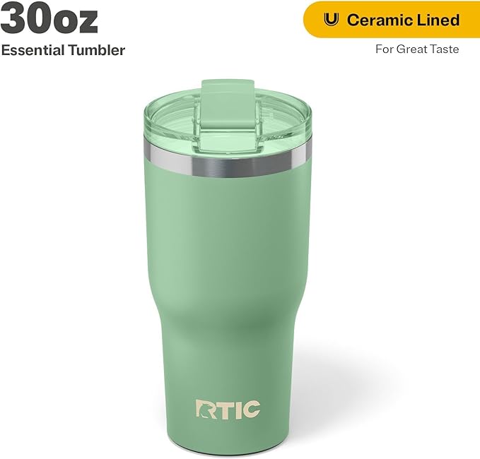 RTIC 30oz Essential Tumbler with Lid, Insulated, Stainless Steel, Metal, Double Wall Vacuum-Insulation, Ceramic Lined, Travel Cup for Iced Coffee, Tea, Hot and Cold Drink, Sage