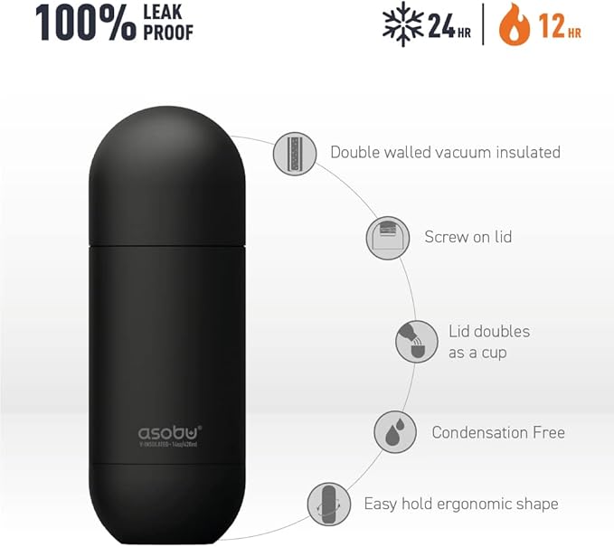 asobu Orb Stainless Steel Double Wall Insulated Travel Water Bottle – Lid Doubles as a Cup 14 Ounce (White)