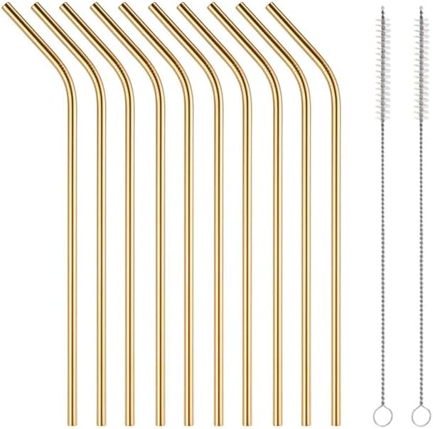 10 Pcs Stainless Steel Straws, Reusable Drinking Straws, Bent Metal Straw Sets with 2 Pcs Cleaning Brushes (Gold, 10.5 Inch)