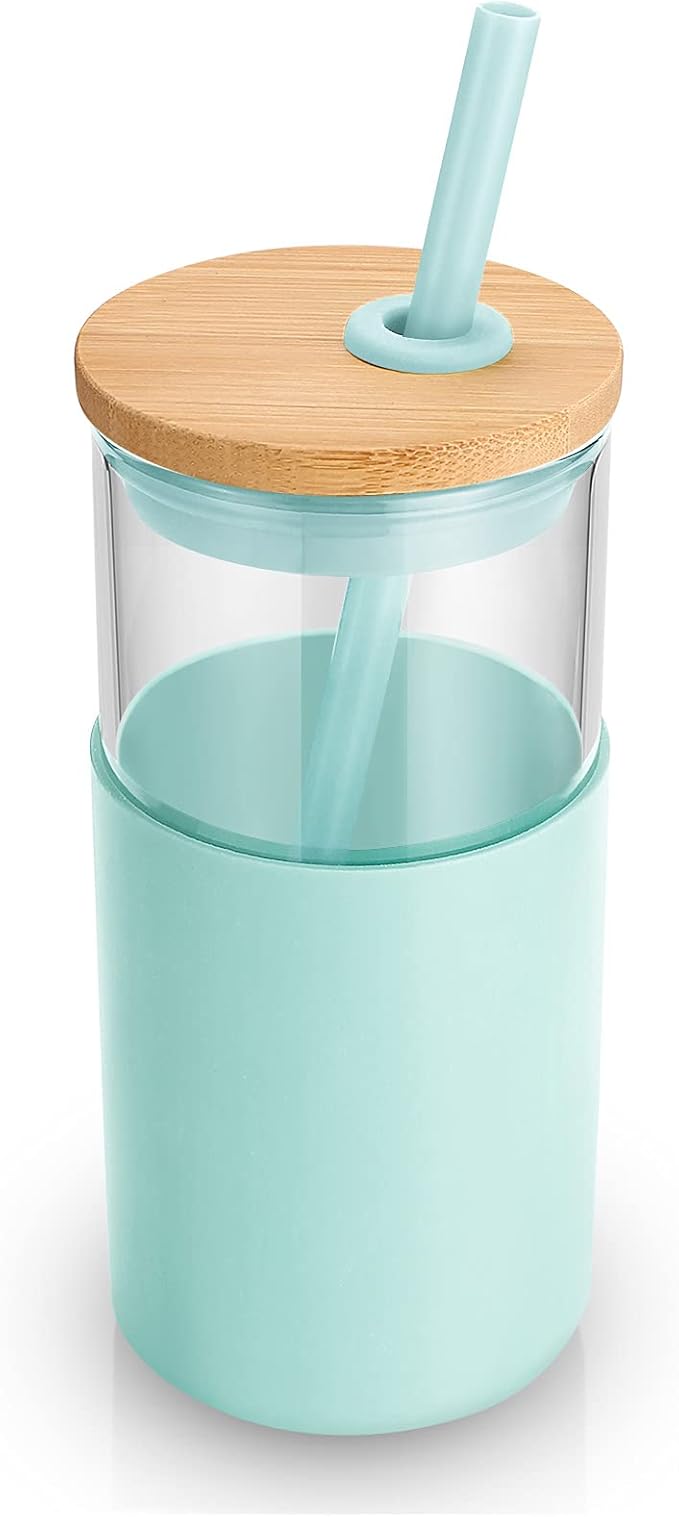Tronco 16 oz Glass Tumbler with Straw and Bamboo Lid, Iced Coffee Cup Reusable, Smoothie Cups, Tumbler with Silicone Protective Sleeve - BPA Free