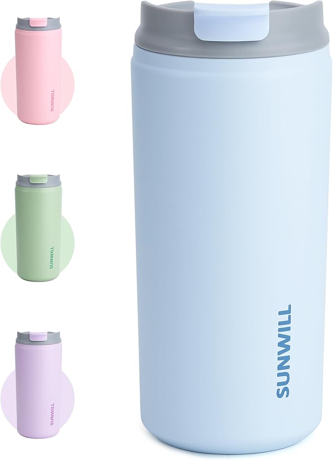 SUNWILL Insulated Coffee Mug with Lid, Leak Proof Tumbler Stainless Steel, 12 oz Travel Cup for Office, Home, Powder Coated Iceberg