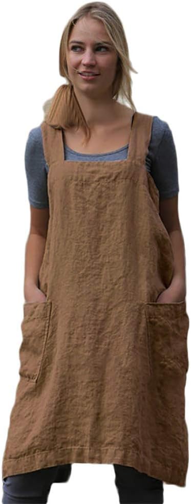 Women's Pinafore Square Apron Baking Cooking Gardening Works Cross Back Cotton/Linen Blend Dress with 2 Pockets