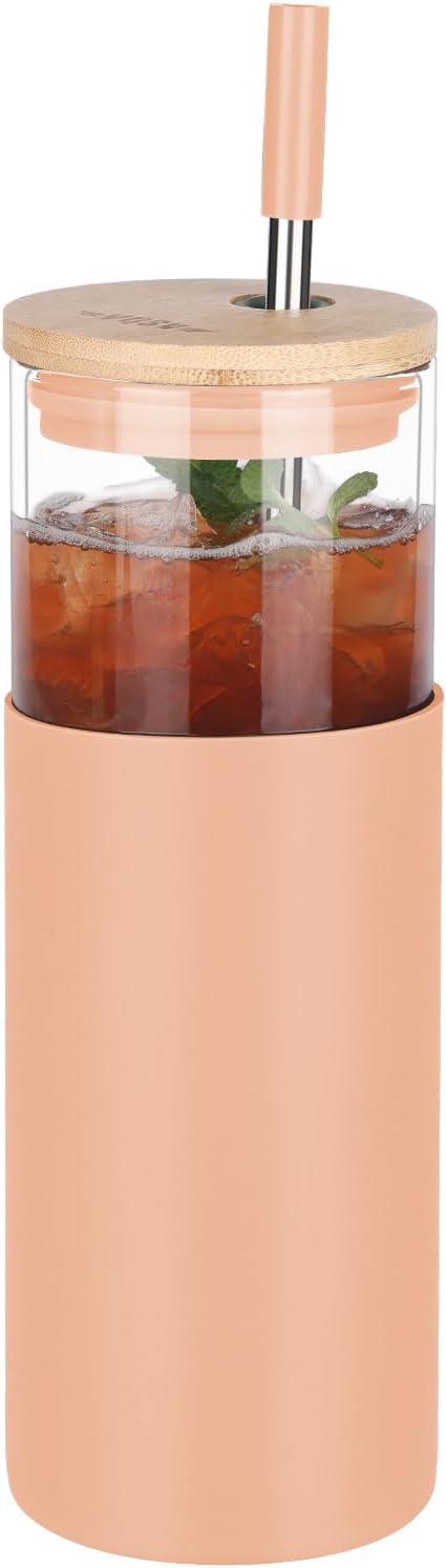 Glass Tumbler w/Lids & Straw - 24oz Reusable Mug w/Bamboo Lid & Stainless Steel Straw - BPA-Free, Leak-Proof, Dishwasher Safe for Coffee, Smoothies, Hot Beverages, Travel, Office, Home Use,1-PK