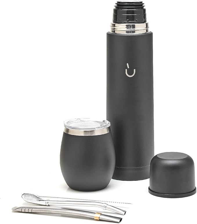 BALIBETOV Complete Yerba Mate Set - Modern Mate Gourd, Thermal Flask, Bombilla and Cleaning Brush Included - All Premium Quality 304 18/8 Stainless Steel (Full Black)