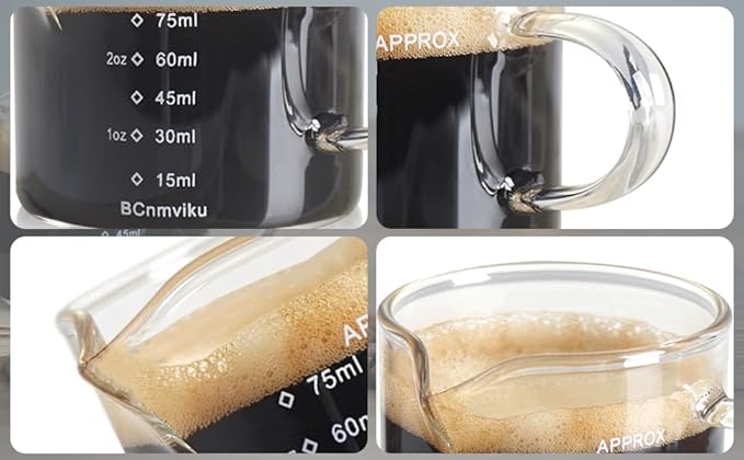 BCnmviku 2 PACK Espresso Glass Measuring Cup Triple Pitcher Milk Cup 75ML Espresso Cups with Handle Shot Glass with V-Shaped Mouth Clear Accessories Milk Frothing Pitcher (2)