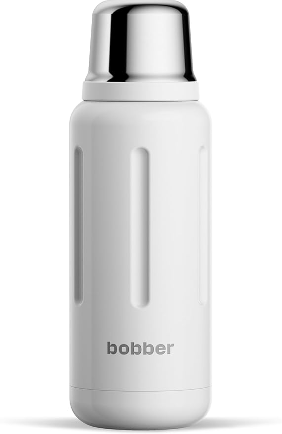 BOBBER 34 oz Stainless Steel Travel Thermos for Hot and Cold Drinks – Dishwasher Safe Metal Water Bottle with Cup Lid – Keeps Hot for 48 Hours – BPA-Free, Vacuum Insulated (White)