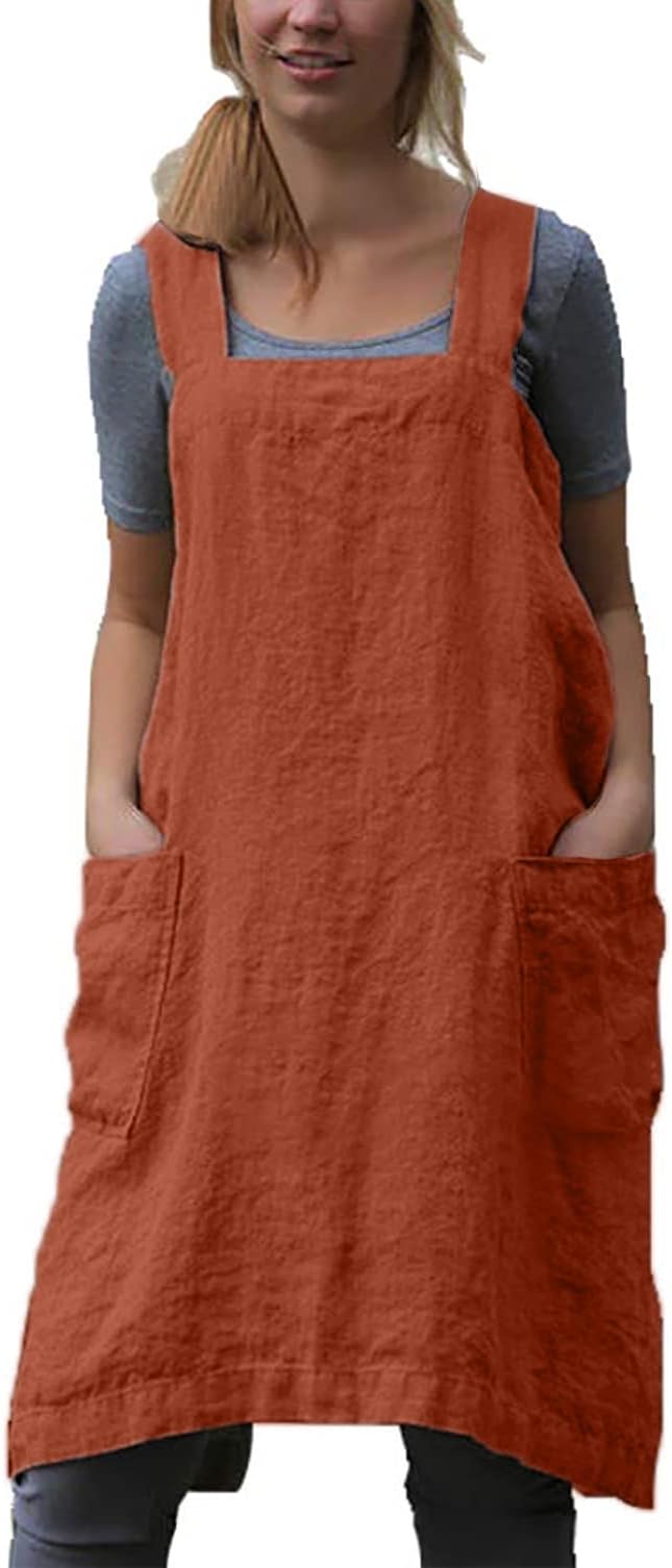 YESDOOD Cotton Linen Apron Cross Back Apron for Women with Pockets Pinafore Dress for Baking Cooking