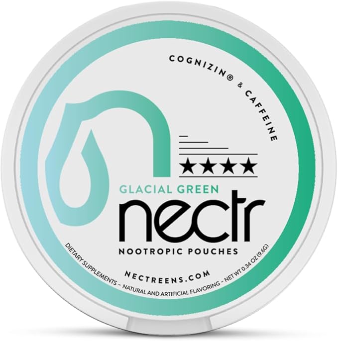 Nectr Energy Nootropic Pouches – Glacial Green Wintergreen Caffeine Pouches with Cognizin® Citicoline. Sugar-Free Brain Treats. Smooth, Sustained Focus & Energy Supplement - 1 Puck of 16pcs