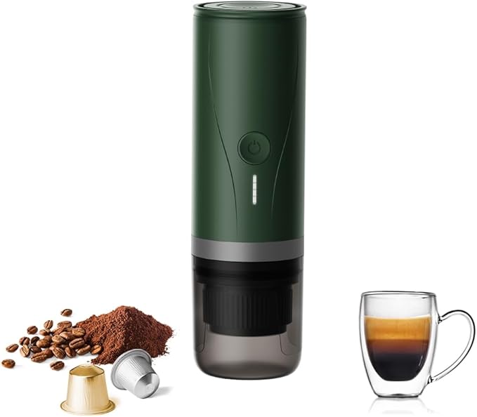 Portable Espresso Maker,Self-Heating Electric Mini Coffee Machine,20 Bar Pressure Compatible with NS Pods & Fine Grind for Travel, Camping, Hiking(Green)