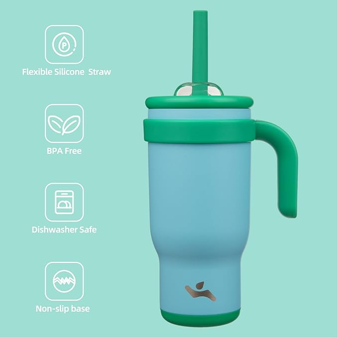 18 oz Tumbler with Side Handle, Insulated Water Bottle with Straw and 2 in 1 Lid, Stainless Steel Cup Travel Coffee Mug for Sports Office Gym,Ice Blue