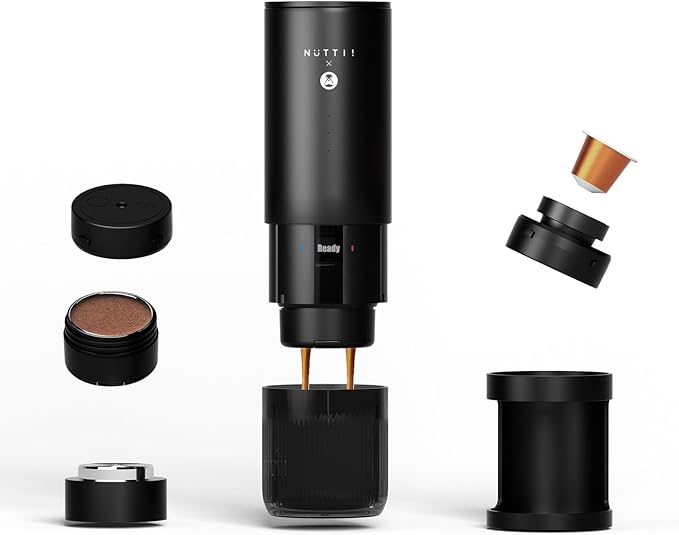 Nuttii E-Coffee Portable Espresso Machine, 20 Bar Self-Heating Travel Coffee Maker, Precise Pressure Control for Golden Extraction, Supports Ground & Capsule Coffee for RV, Camping & Office (Black)