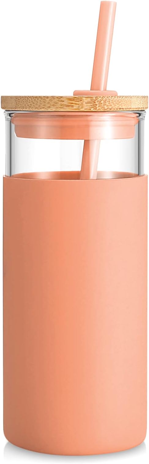 Tronco 20 oz Glass Tumbler With Lids and Straws, Glass Water Bottle Silicone Protective Sleeve, Iced Coffee Cup With Bamboo Lid, Reusable Smoothie Cup, BPA Free (Orange 1 Count)