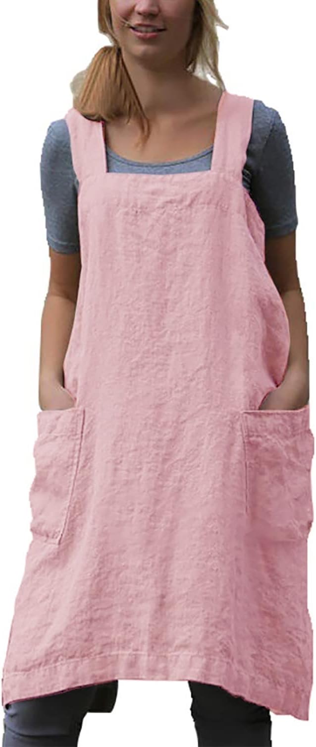 YESDOOD Cotton Linen Apron Cross Back Apron for Women with Pockets Pinafore Dress for Baking Cooking