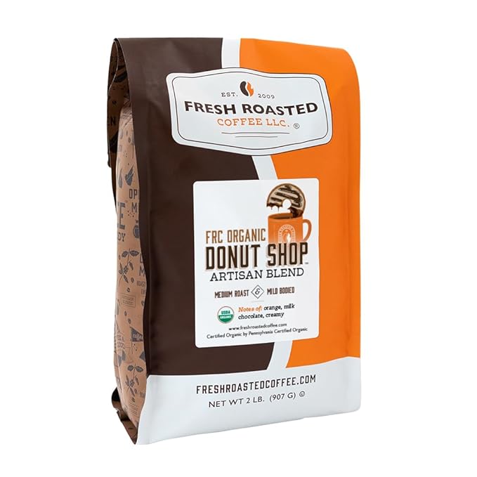 Fresh Roasted Coffee, Organic Donut Shop, 2 lb (32 oz), Medium Roast, Kosher, Whole Bean