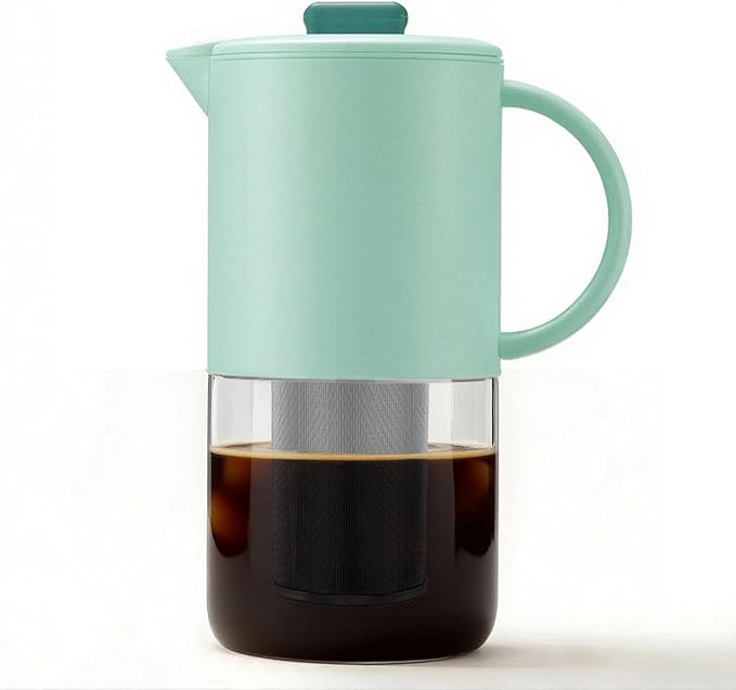 Delove Cold Brew Coffee Maker with Auto Spout – Shatterproof Plastic Shell, Wide Mouth Design – 62 oz (1.9 Quart) Iced Tea Glass Carafe with Removable Removable Mesh Filter (1, Light blue)