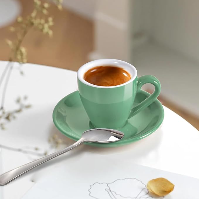 Porcelain Espresso Cup with Saucer And Stainless Steel mini Spoons, Espresso shot Cup, 80ml/2.7Oz, Pack of 2, Cyan