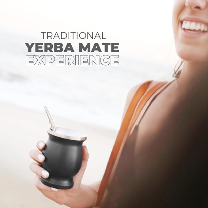 BALIBETOV Stainless Steel Double-Wall Mate Cup And Bombilla Set - Yerba Mate set Includes One Yerba Mate Cup, 2 Bombillas Mate (Straw) & Brush - Easy to Clean (Black)