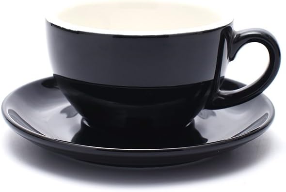 Latte Art Cup and Saucer for Latte & Cappuccino New Bone China, Mate for Coffee Shop and Barista (Glossy Black, 10.5 oz)