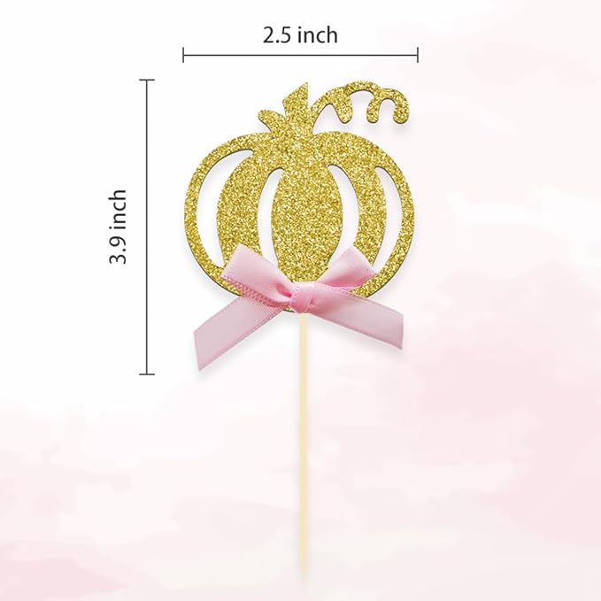 Pumpkin Cupcake Topper Fall Theme Cake Decoration for Pumpkin Themed Baby Shower Party Supplies, Pumpkin Food Pick - Set of 24 (Pink Bow)