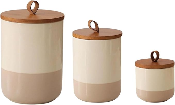 Coffee Canister, Ceramic Food Storage Jars with Lids Salt Matcha Container Brown Sugar Container Bowl for Kitchen Tea, Coffee Beans, Spice (#001Khaki-Set of 3)
