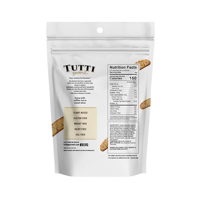 Tutti Gourmet Gluten Free Lemon Biscotti, 9.9 oz (283g) Resealable Cookie Bag - Vegan and Halal Snacks