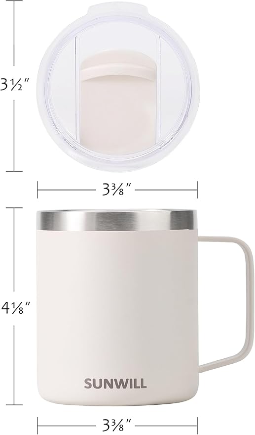 SUNWILL Travel Coffee Mug with Lid, Insulated Tumbler with Handle, 14 oz Stainless Steel Cup for Home, Office, Camping, Powder Coated Cream