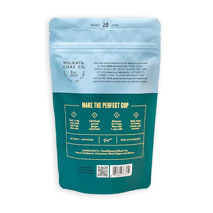 Kolkata Chai Decaf Masala Chai mix, Makes 20 cups, Premium loose leaf tea and spice blend, All Natural, 4.23 oz