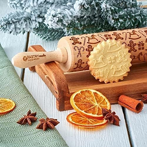 Christmas Wooden Rolling Pin for Baking,Engraved Embossing Rolling Pin Cookie Stamps Roller Square Grid Cookies Mold Kitchen Decor Tools for Kids Adults(Gingerbread Man)