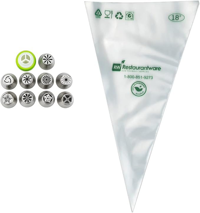 Restaurantware Pastry Tek Russian Piping Tips Set 20 Piece Durable Cake Decorating Kit - 9 Piping Tips 10 Piping Bags Stainless Steel Piping Bags And Tips Set 1 Tri-Color Coupler